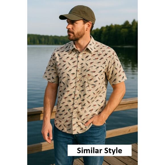 Columbia Fly Fishing Lure Print Shirt Men’s L Beige Short Sleeve Button Down - Picture 7 of 7